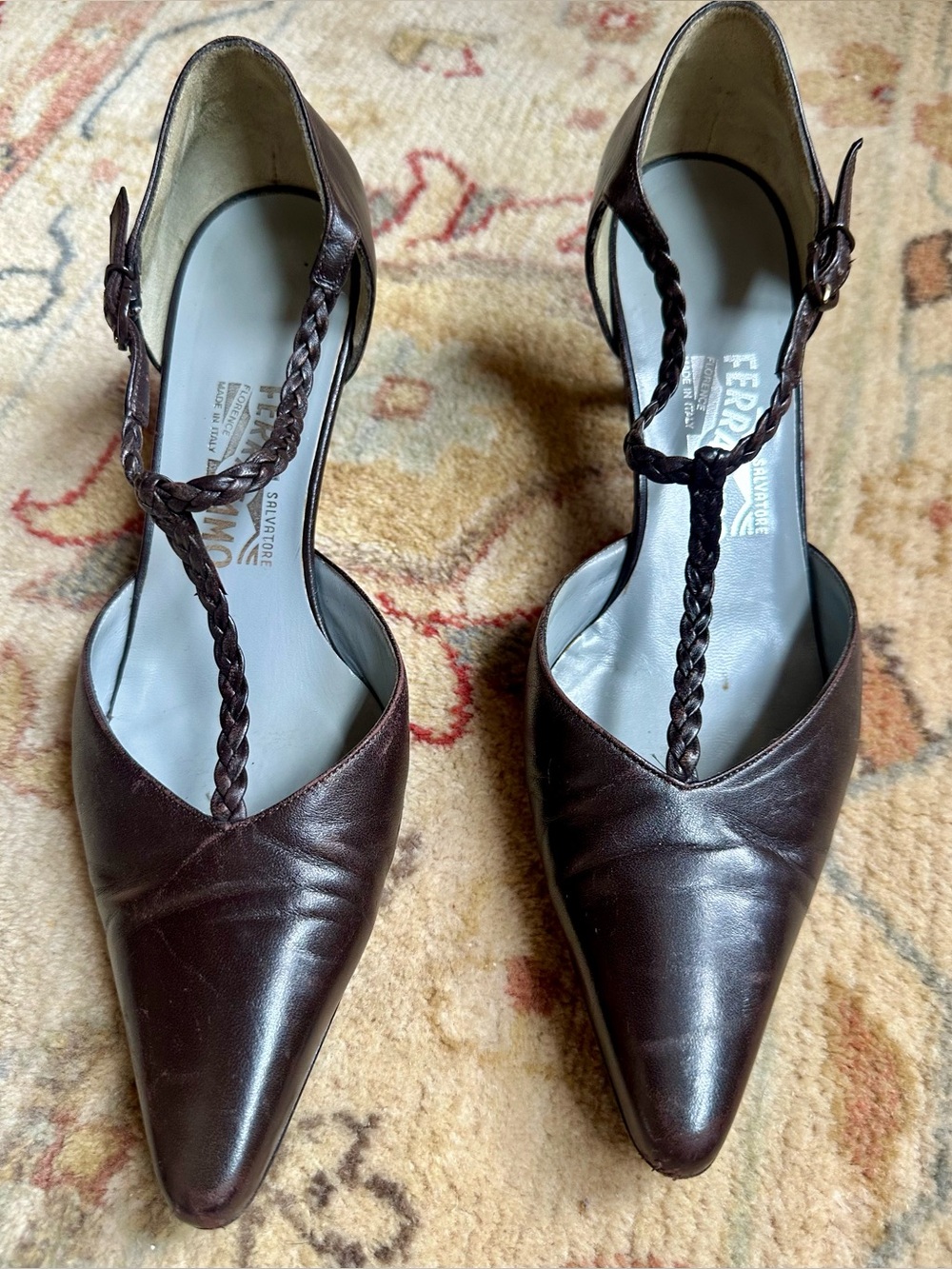 Salvatore Ferragamo Brown Leather T-Strap Pointed Kitten Heels 8.